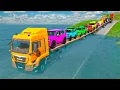 Download Lagu Triple Flatbed Trailer McQueen Transportation with Truck - Speedbumps vs Cars vs Train - BeamNG #224