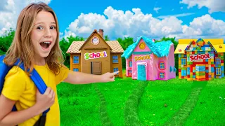 Nastya and friends in cardboard and fluffy schools