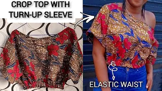 how to cut and sew elastic waist crop top with turn up sleeve one side off shoulder top