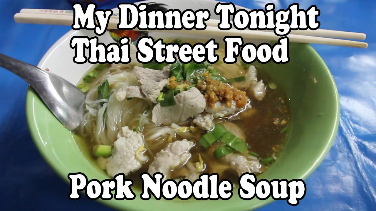 Thai Street Food: My Dinner Tonight. Pork Noodle Soup. Eating Thai Boat Noodle Soup in Thailand