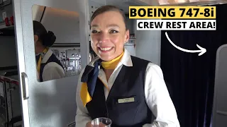 Boeing 747-8i SECRET Crew Rest Area Lufthansa 747 to Palma Cabin Crew Impressions in-flight