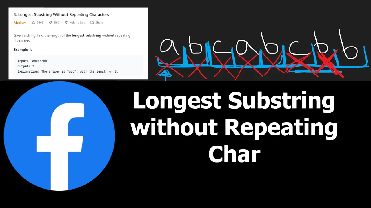 Longest Substring Without Repeating Characters - Leetcode 3 - Python - YouTube thumbnail