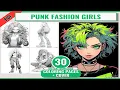 Anime Punk Girls Adult Coloring Book 30 Punk Fashion Coloring Pages Printable PDF JPG Grayscale