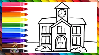 Dibuja y Colorea Una Escuela Muy Fácil 🏫🔔🌈 Dibujos Para Niños