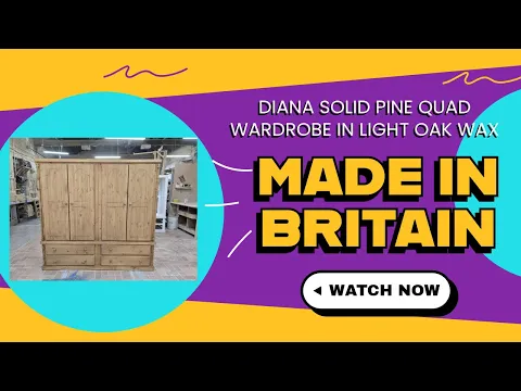 Product video preview for Handmade in the UK Solid Pine 4 Door 4 Drawer 194cm Wide Wardrobe - Diana Light Oak Wax (Made to Measure)