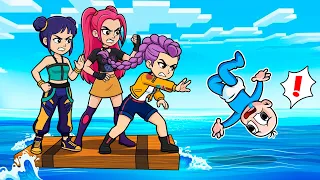ATRAPADO en UNA BALSA con LAS GUERRERAS KPOP 😱 BEBÉ NOOB en MINECRAFT Zoey, Rumi y Mira