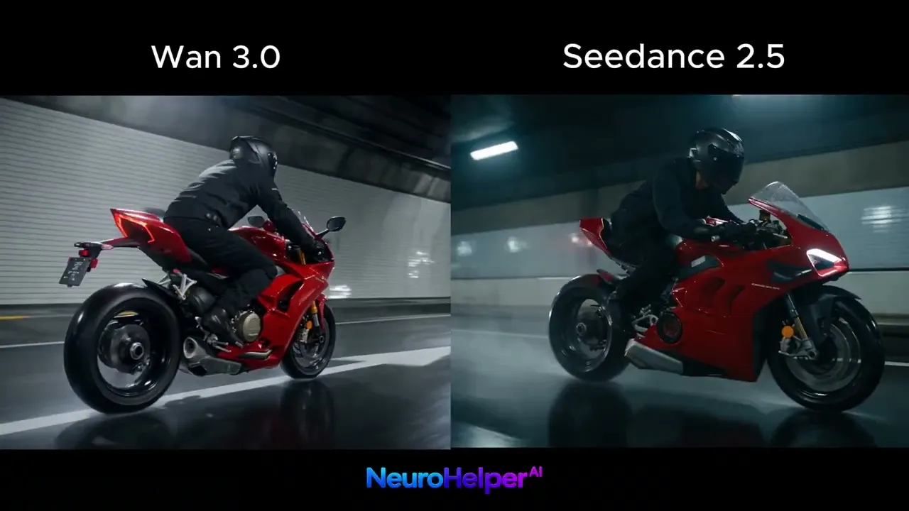 Red sport motorcycle comparison between Wan 3.0 and Seedance 2.5