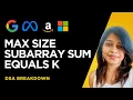 Maximum Size SubArray Sum Equals K Leetcode 325