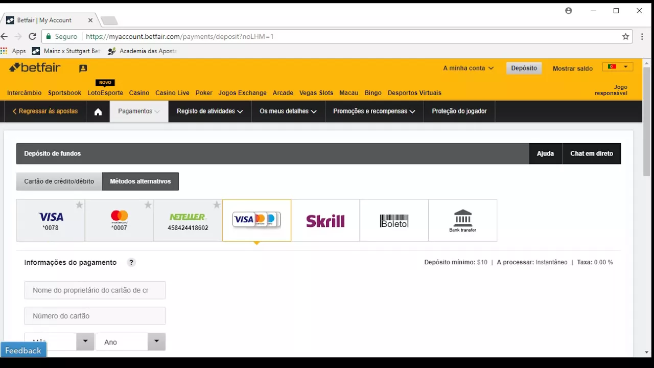 DEPOSITE DINHEIRO DIRETO NA BETFAIR COM CARTÃO DE CRÉDITO