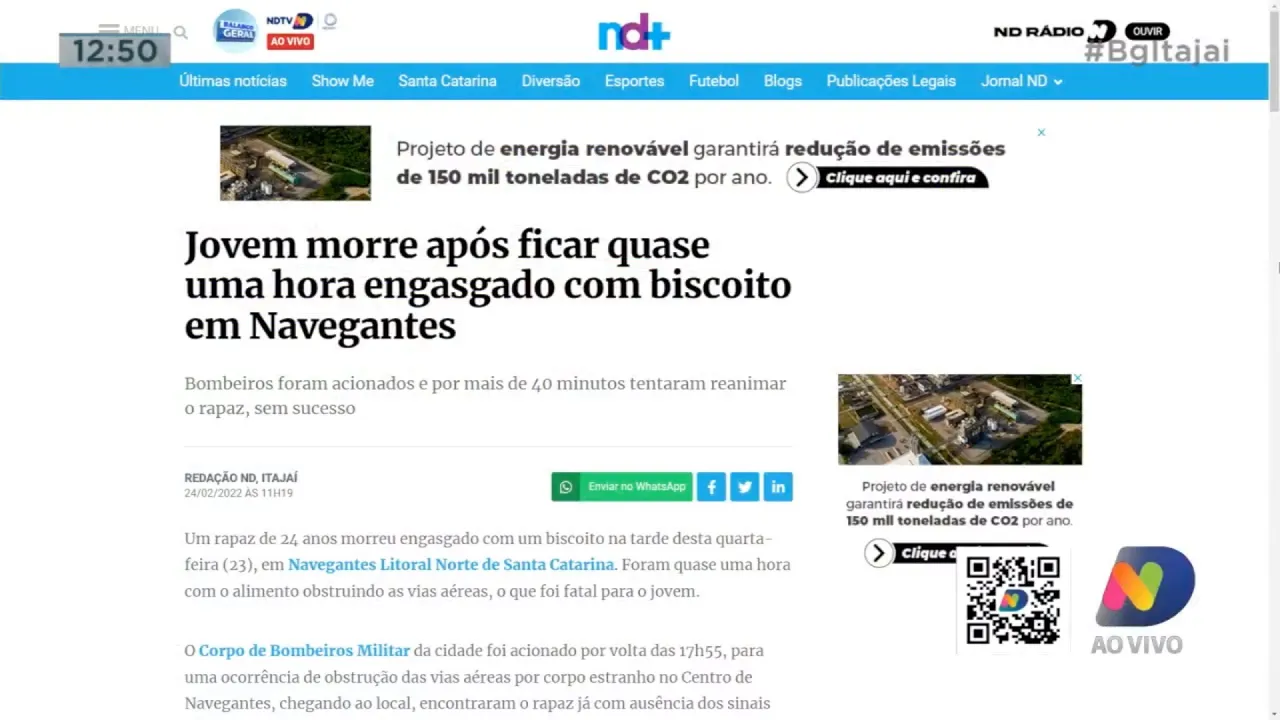 Menino morre após comer um biscoito em Navegantes