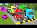 Triple Flatbed Trailer McQueen Transportation with Truck - Speedbumps vs Cars vs Train - BeamNG #14