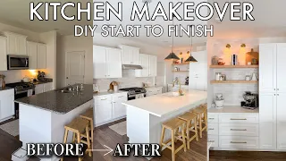 KITCHEN RENO builder grade to custom DIY backsplash open shelving coffee corner