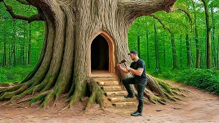 I Built A Hidden Forest Shelter Inside A Giant Tree 200 Days Of Building A Treehouse 