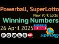 Today Powerball Superlotto NY Lotto Lottery Winning Numbers Saturday Night Drawing 26 April 2025