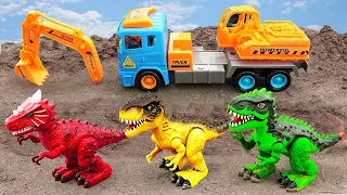 Crane truck build the bridge for Dinosaurs and Train - Car Toy for kids