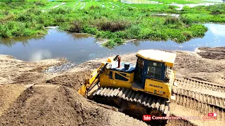 Greatest operator Shantui dh17c2 Dozer force pushing sand & Dump Trucks Largest sand filling project