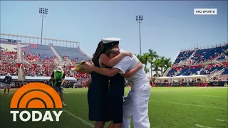 Family surprised by deployed dad during FAU football game