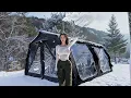 Lagu Camping in Snow with 2-Room Inflatable Tent❄️ | Wood Stove ASMR