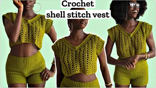 Crochet shell stitch v-neck top tutorial DOJA CAT inspired crochet top