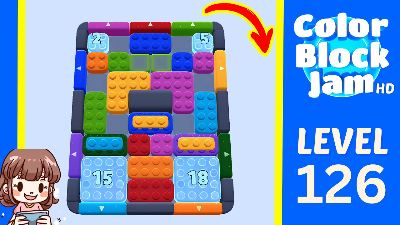 Color Block Jam Level 123 2:10 board with bottom counters 15 and 18 plus top counters 2 and 5 opening frame