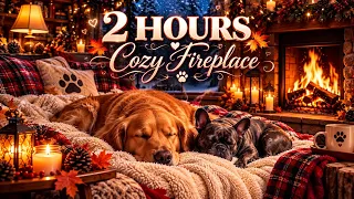2 HOURS Cozy Fireplace 🔥🐾 | Sleeping Dogs, Crackling Fire & Relaxing Piano Music