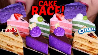 ASMR CAKE RACE! Nutella Mocha, Purple halo halo cheesecake, Strawberry fresh cream, matcha cream 먹방