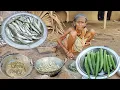 90 year old poor grandma cooking SMALL FISH curry with ladyfinger with water rice eating rural life