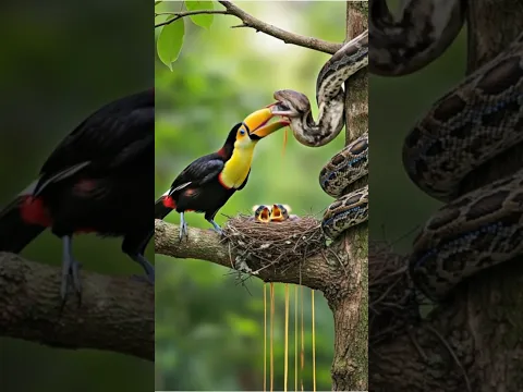 🐦🐍 Rainbow billed toucan attacks fiercely – The injured python can’t escape! 😱 #birds #ai #video