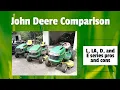 Comparing box store John Deere lawn tractors L LA D and E series pros and cons