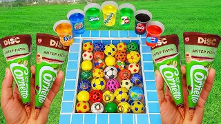 Football VS Ice Cream! Popular Sodas !!! Coca Cola, Fanta, Pepsi, Sprite and Mentos in the pool