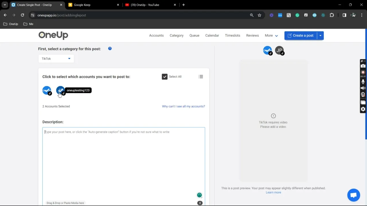 Schedule TikTok posts with OneUp