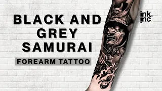 BLACK AND GREY SAMURAI FOREARM TATTOO