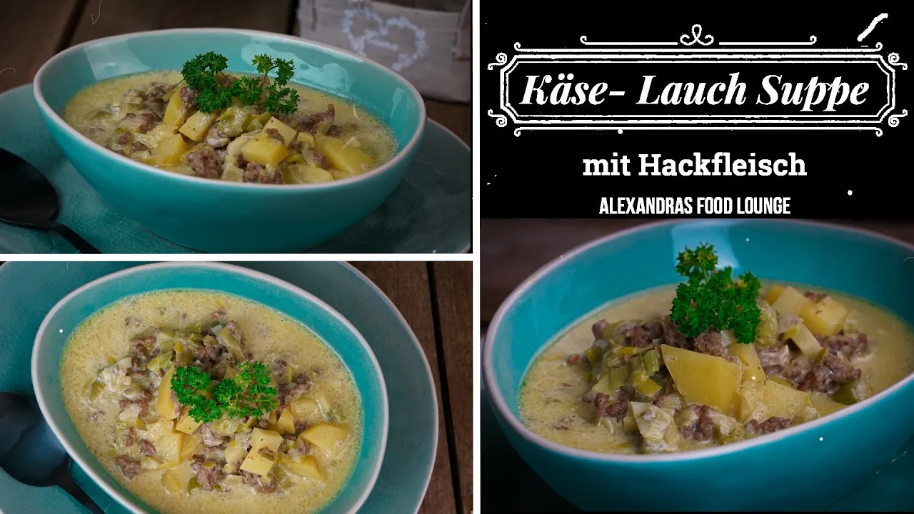 Zubereitung Käsesuppe mit Hackfleisch und Lauch. 