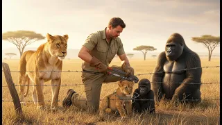 A lioness and a gorilla plead with a guardian to save their cubs from the barbed wire fence!