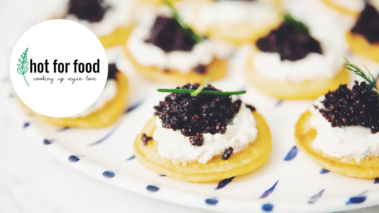 cornmeal blinis with with vegan caviar   hot for food