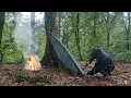 Real Bushcraft in Heavy Rain | Shelter Building and Hot Food in the Wet Forest