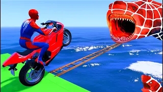 الأبطال الخارقين على القضبان دوامة قمع جسر👀 SPIDER MAN!on Motorcycle in Spiral Bridge Stunt Ride