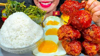 ASMR SPICY FRIED CHICKEN, CHEESE SAUCE, EGGS, WATER SPINACH, RICE MUKBANG MASSIVE Eating Sounds