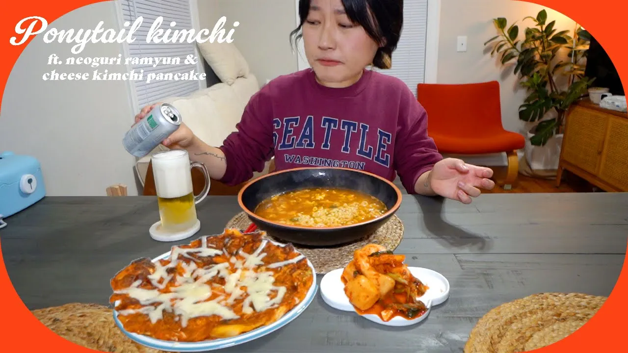 My mom brought me Ponytail Kimchi...so have to eat ramyun ft.cheese kimchi pancake & beer mukbang