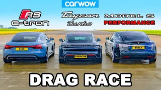 Audi RS e-tron GT v Porsche Taycan v Tesla Model S DRAG RACE