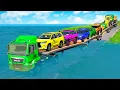 Download Lagu Triple Flatbed Trailer McQueen Transportation with Truck - Speedbumps vs Cars vs Train - BeamNG #41