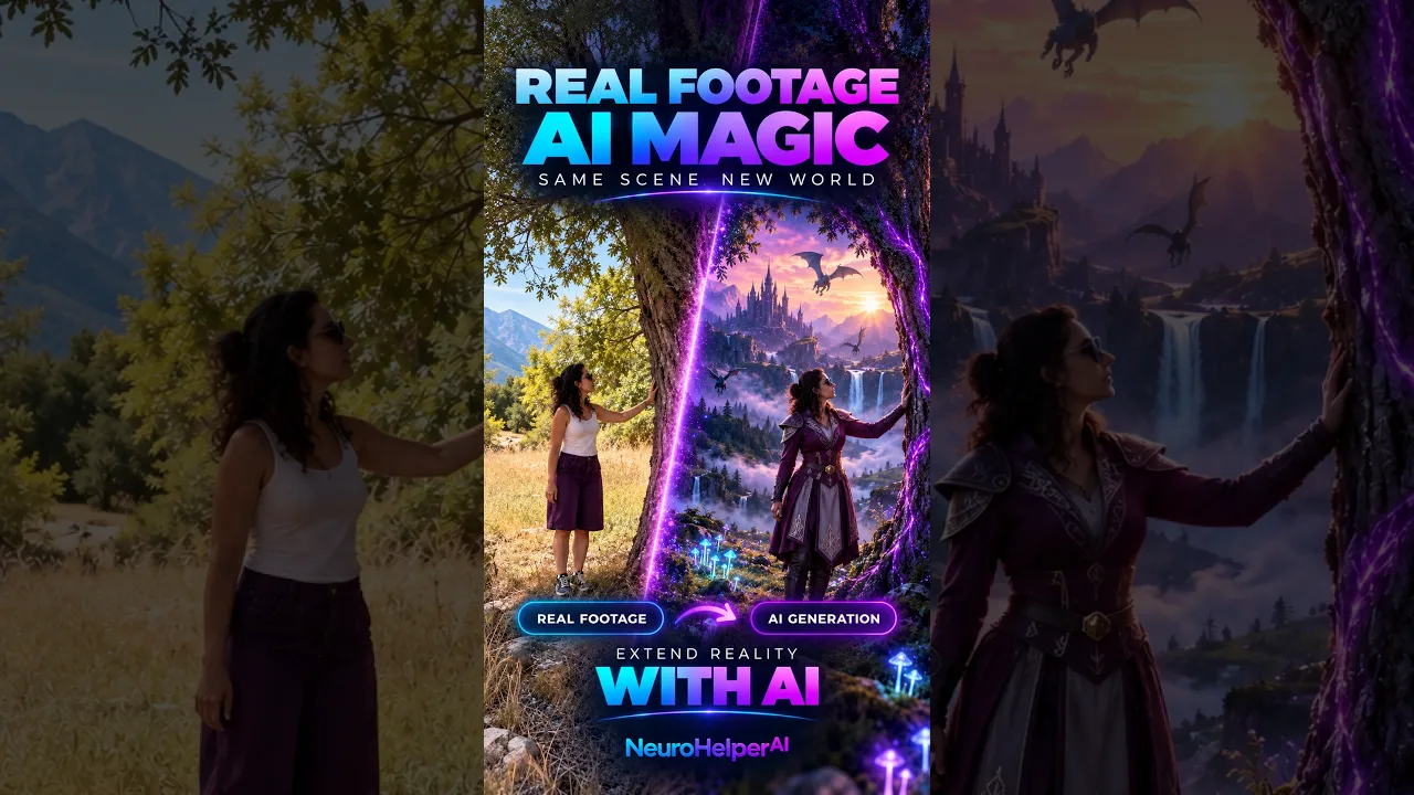 Woman touching a tree as magical violet energy spreads through the real scene