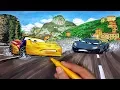 Draw CARS 2 racers Jeff Gorvette and Lewis Hamilton skidding to a stop to avoid the crash