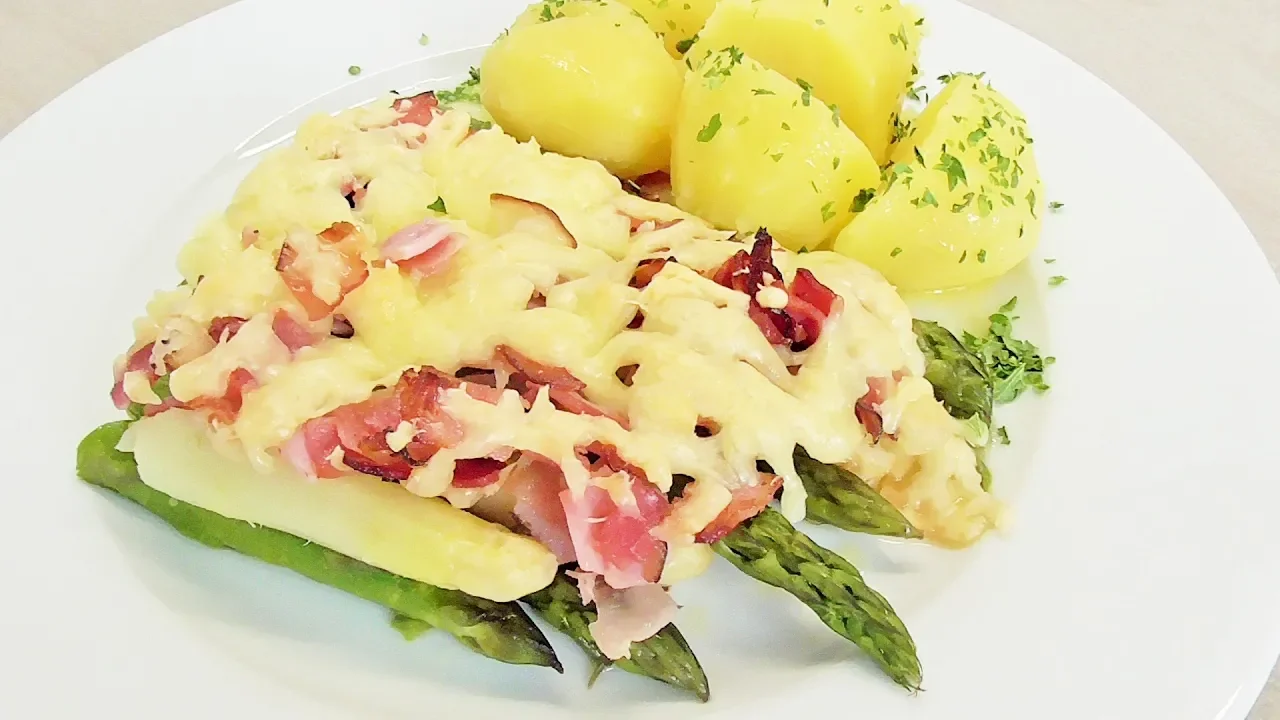 Spargel mit Schinken Kartoffeln und Mayonnaise - Spargel Rezept einfach und schnell - grüner Spargel. 