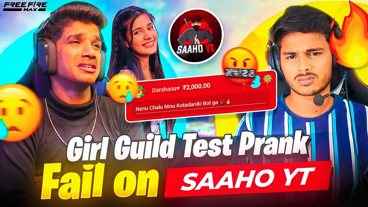 GIRL❤️GUILD TEST PRANK😭 FAIL ON SAAHO YT| 1 VS 4🔥| SCOLDED🤬?? |FREE FIRE IN TELUGU #dfg #freefire