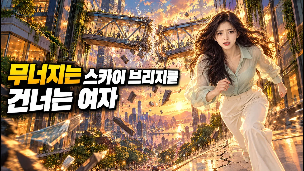 무너지는 스카이 브리지를 건너는 여성 클로드, 블랜더, 시댄스2.5 Claude, a woman crossi
