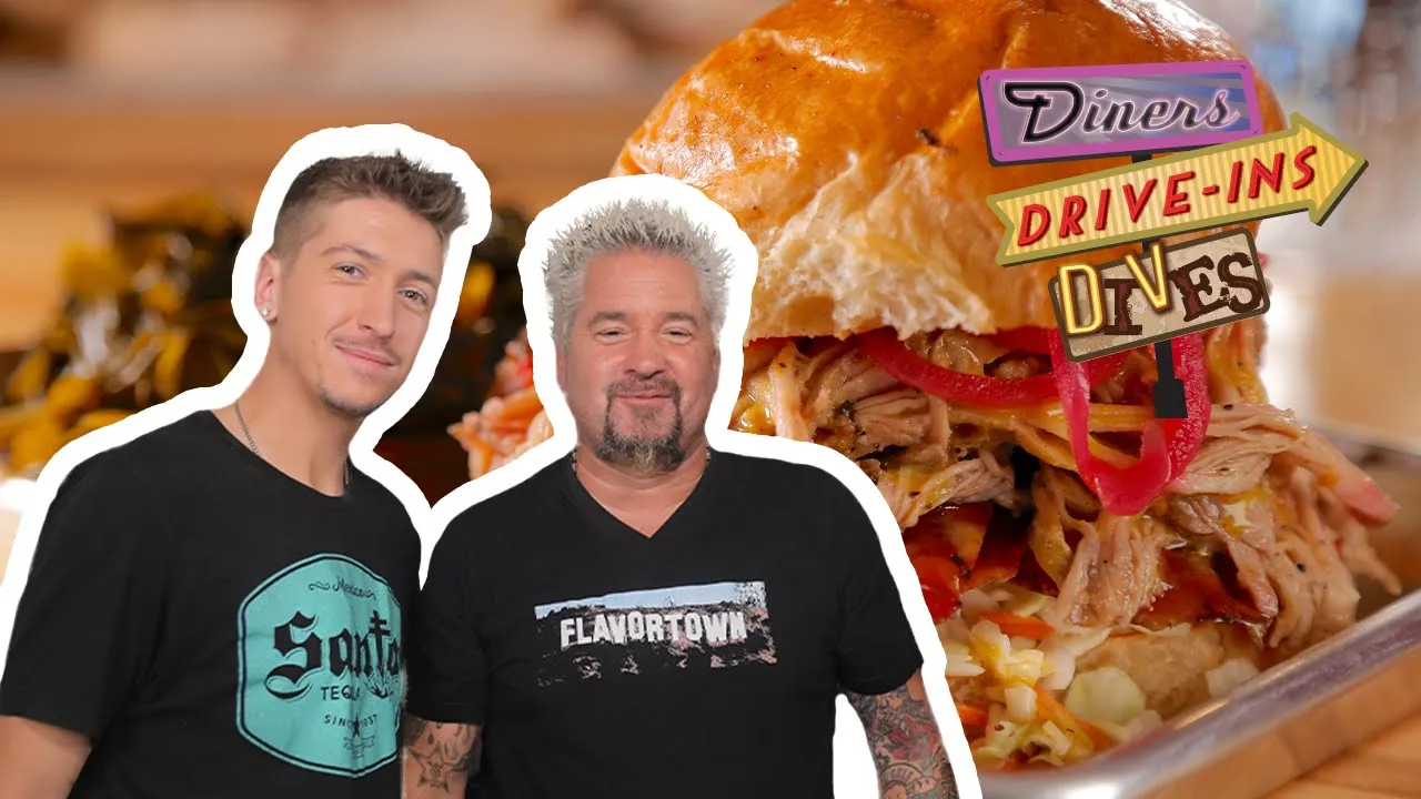 Guy and Hunter Fieri Eat the Boss Hawg Sandwich   Diners, Drive-Ins and Dives   Food Network