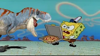 T-rex trying to get the pizza from SpongeBob