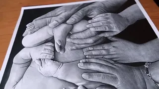 hyper realistic drawing of baby with 10 hands 