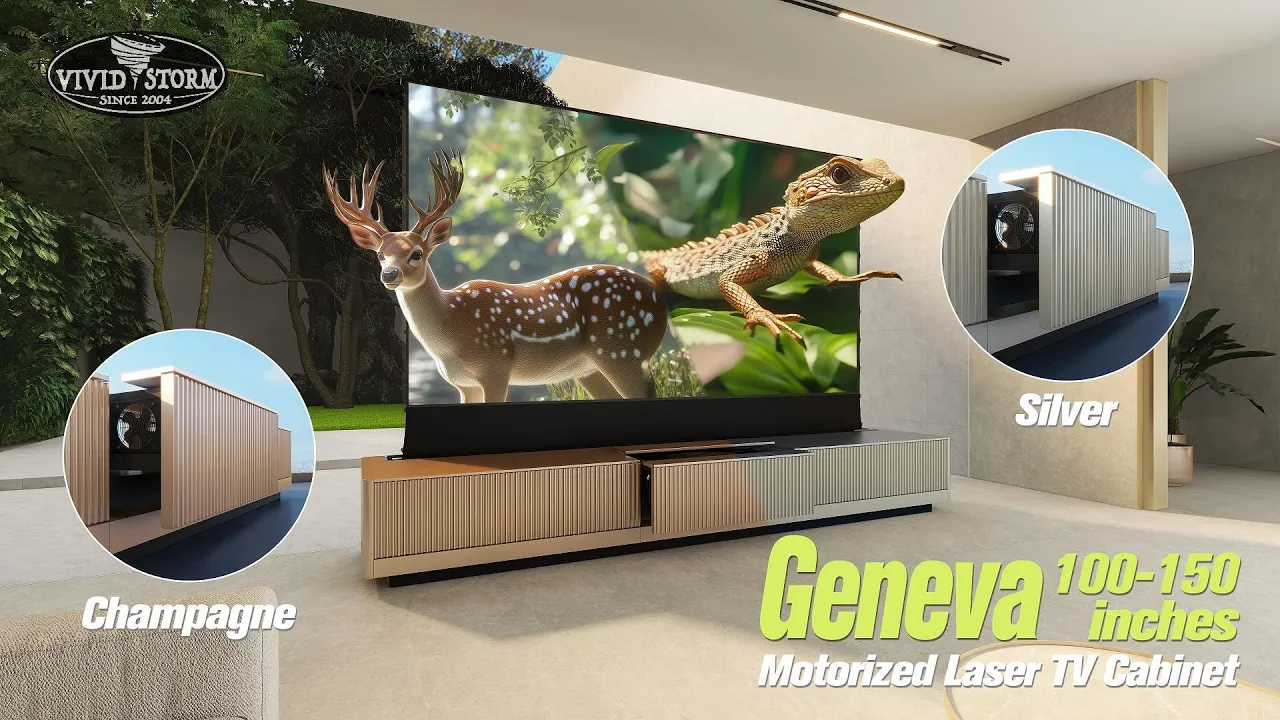 projection screen Vividstorm — Vivid Storm Geneva Motorized Laser TV Cabinet (YouTube video ad)